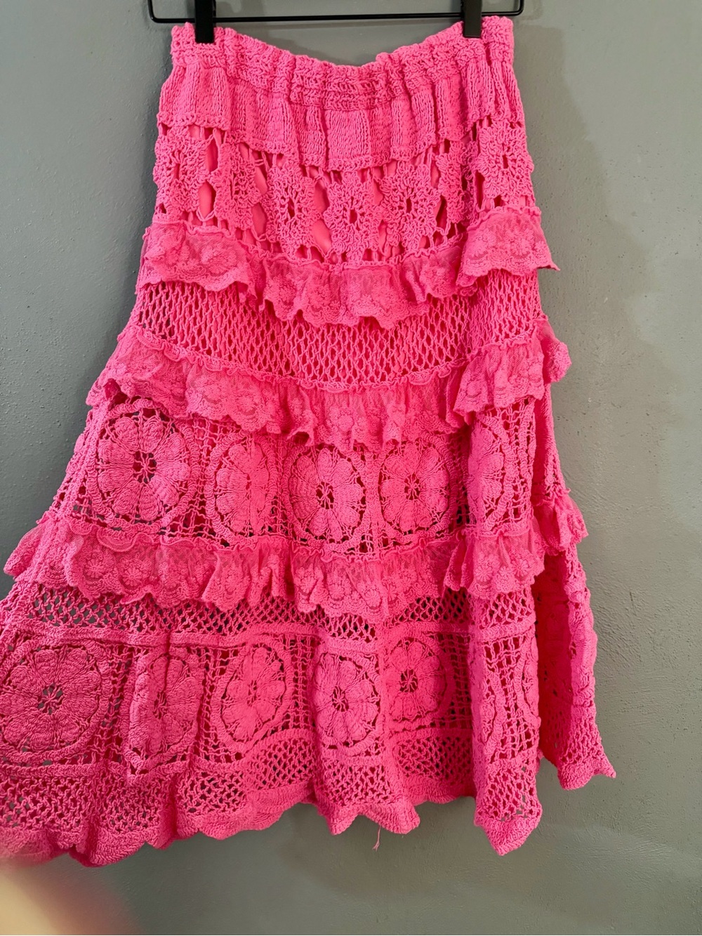 POL Hot Pink Hand-Crocheted Tiered Maxi Skirt